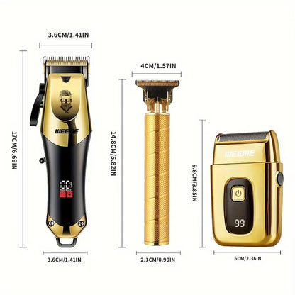 Maquina cortadora de pelo (3 piezas), cortapelos dorado negro con pantalla LCD, recargable por USB, 8 peines guía, recortadora y afeitadora.
