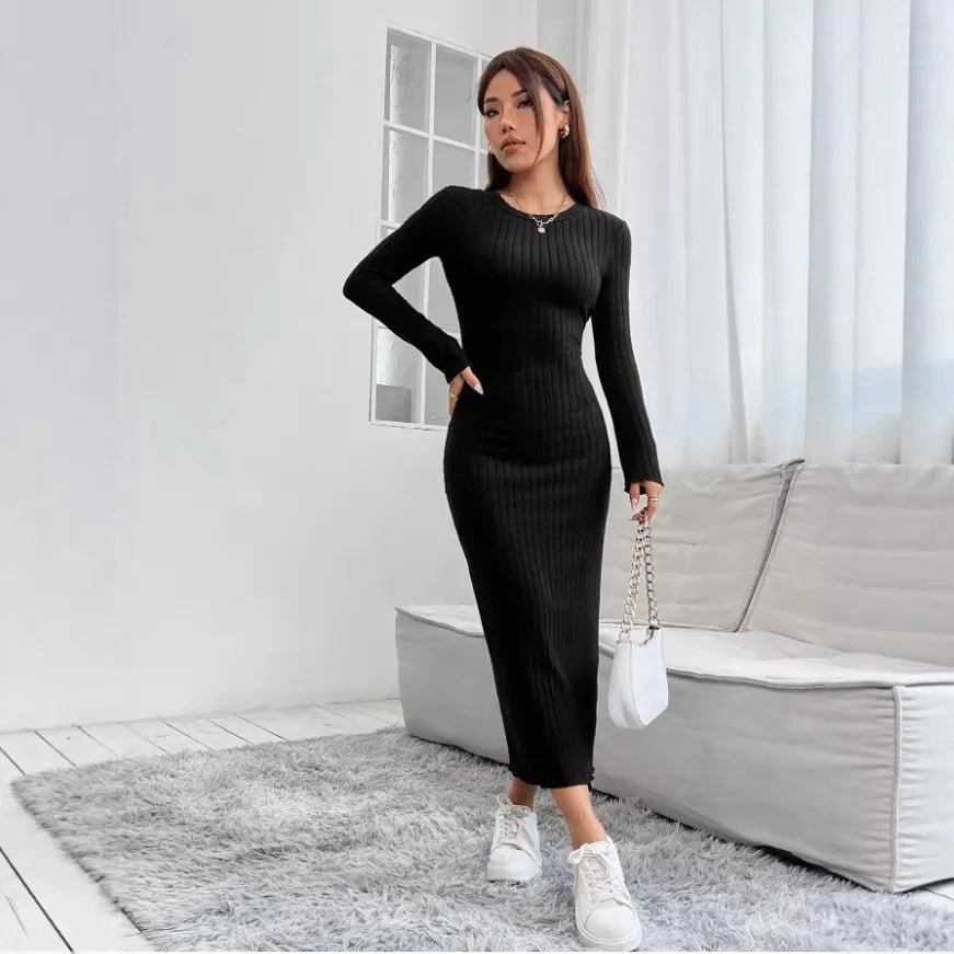 Vestido de punto de manga larga con cuello redondo para mujer