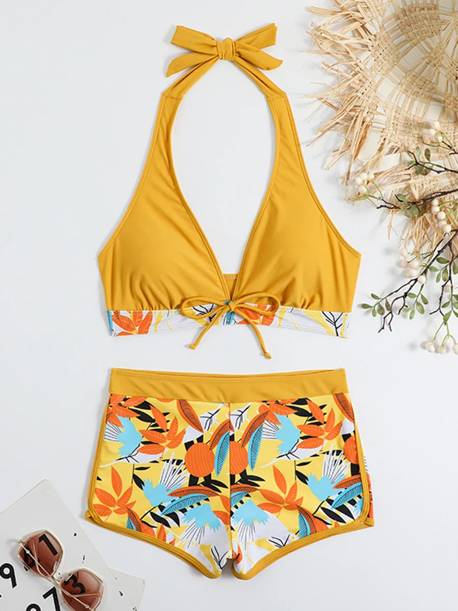 Conjunto de bikini estilo halter 2025, traje de baño corto de cintura alta para mujer, bañador estampado para mujer, traje de baño para playa