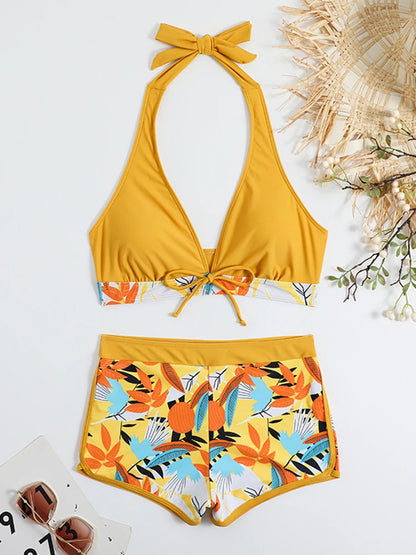 Conjunto de bikini estilo halter 2025, traje de baño corto de cintura alta para mujer, bañador estampado para mujer, traje de baño para playa