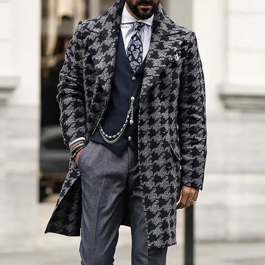 Abrigo con cuello de traje de longitud media para hombre, chaqueta de invierno con estampado transfronterizo