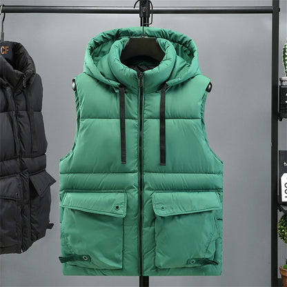Chaleco con capucha para hombre, chaleco cálido con cuello levantado y cremallera para invierno, chaquetas sin mangas acolchadas de algodón con bolsillos grandes