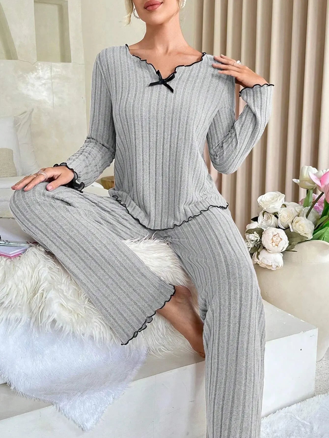 Conjunto de pijamas acanalados para mujer, ropa de dormir de otoño e invierno,