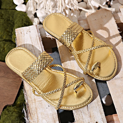 Sandalias doradas con punta de clip para mujer, chanclas planas de verano , para playa