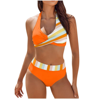 Bikini de playa con estampado floral y bloques de color para mujer, traje de baño de cintura alta de dos piezas para adolescentes