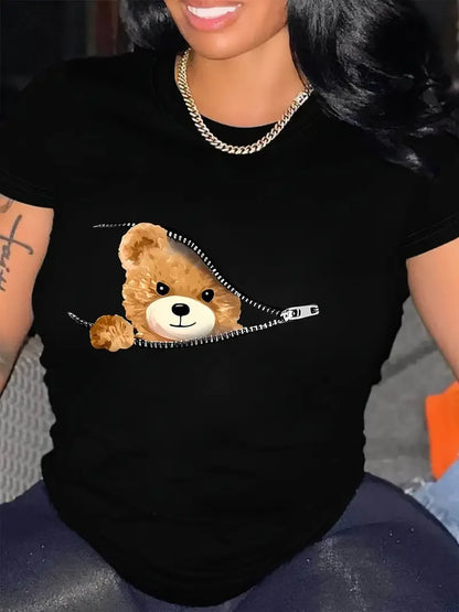 T-shirt imprimé graphique ours pour femmes, haut décontracté à manches courtes et col rond, vêtements Kawaii pour femmes, t-shirts Harajuku