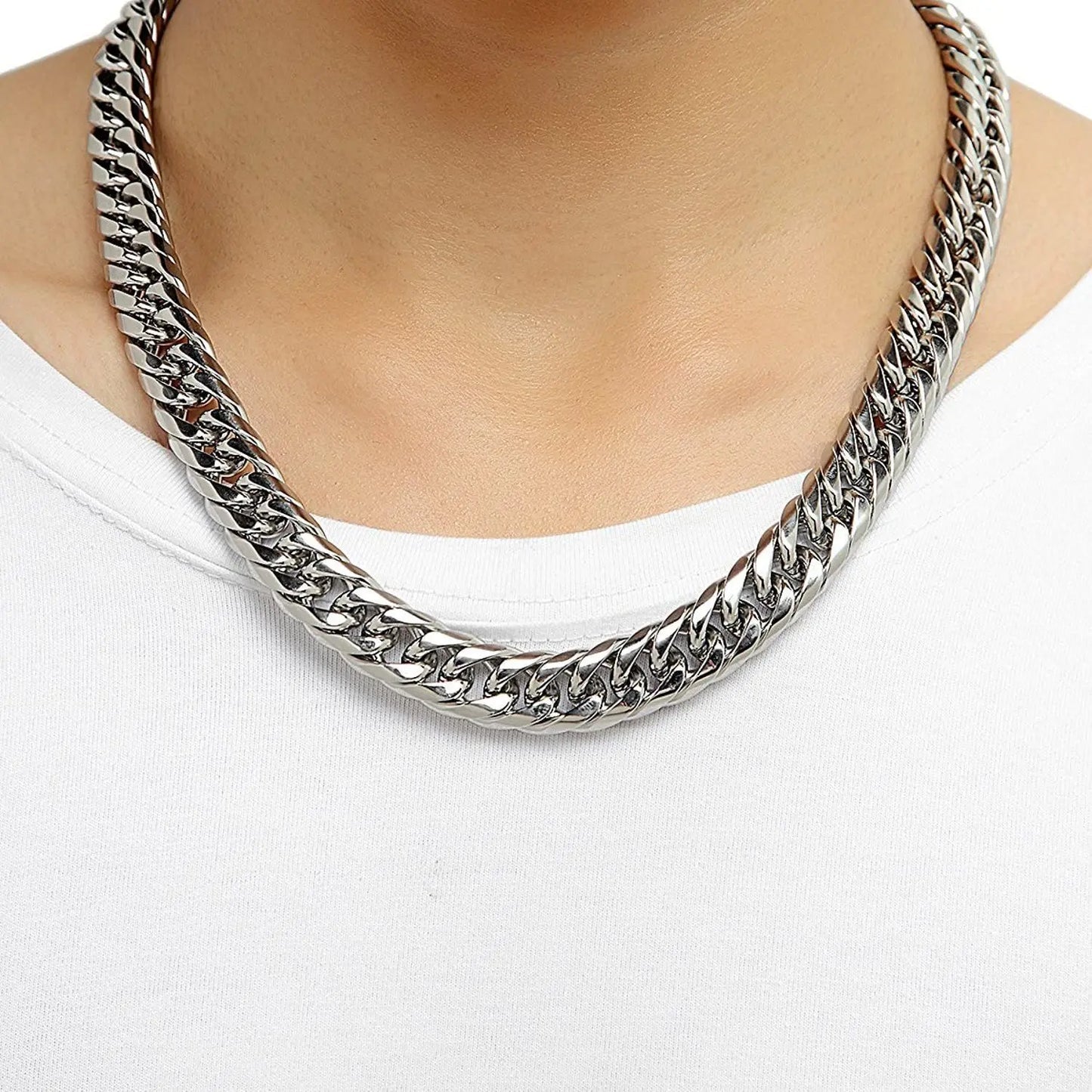 Collier chaîne cubaine en acier inoxydable HNSP pour hommes couleur argent 8 mm-14 mm d'épaisseur longue chaîne à main cadeau pour hommes