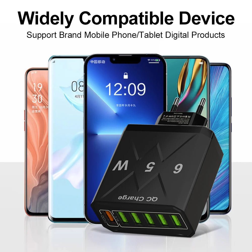 65W 6 Port USB Charger QC3.0 Quick Charge Travel Charger for iPhone 14 Samsung Xiaomi Mobile Phone Adapter EU KR US UK Plug