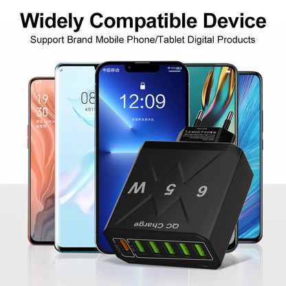 65W 6 Port USB Charger QC3.0 Quick Charge Travel Charger for iPhone 14 Samsung Xiaomi Mobile Phone Adapter EU KR US UK Plug