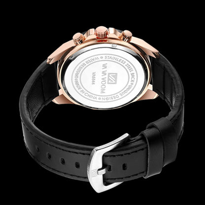 Reloj deportivo para hombre, de cuero, estilo de carreras, informal, de moda, original, negro, oro rosa, calendario, reloj de cuarzo.
