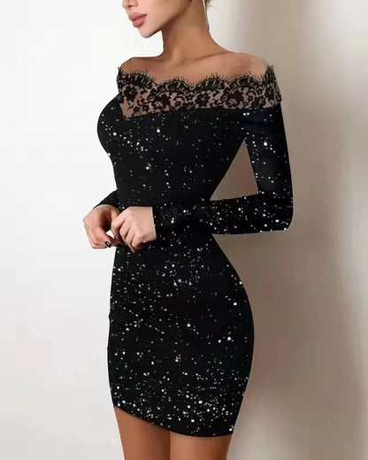vestido sexy, vestido de manga larga borde de encaje, vestido salpicado de polvo plateado