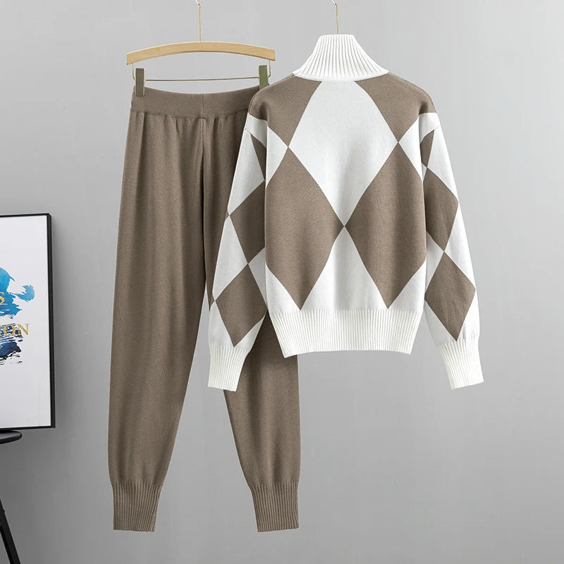 Women's Sweater Sets Autumn Winter Fashion Thick Soft Knitted Tracksuit Sets Pullovers Long Pants Casual 2 Piece Sweatsuit