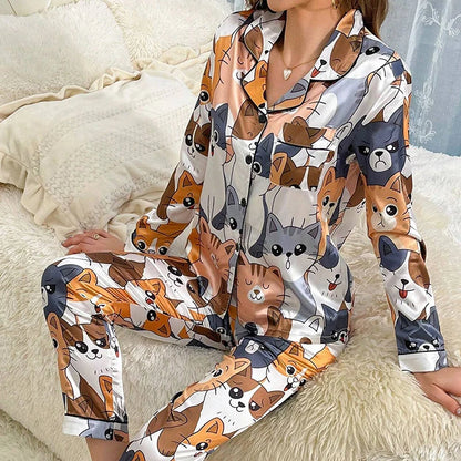 Pijama de satén para mujer, ropa de dormir informal para el hogar, traje de otoño de manga larga con botones, Top y pantalones, ropa
