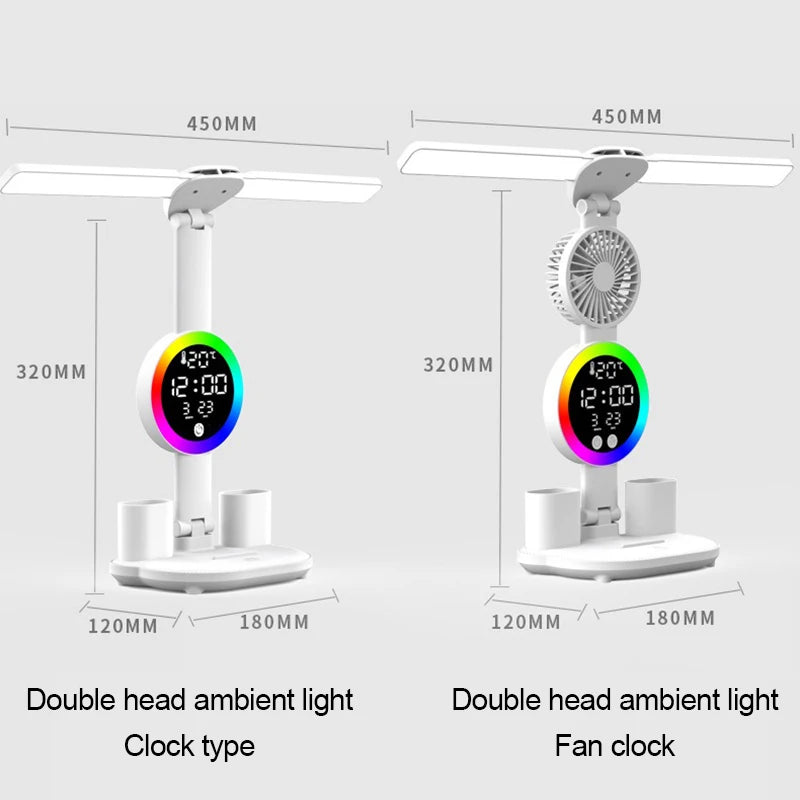 Lámpara de mesa LED recargable para estudio, lámpara de escritorio, luz de lectura, luz de noche LED con ventilador, pantalla de reloj LED, luz de escritorio de lectura