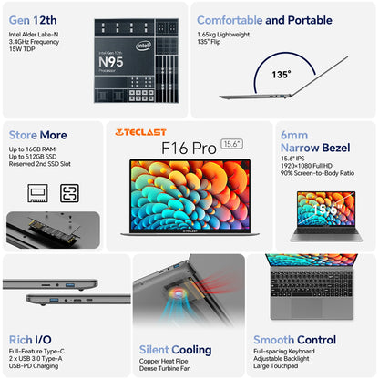 Portátil TECLAST F16Pro de 15,6 pulgadas, 16 GB de RAM, 512 GB de SSD, CPU Intel N95, pantalla IPS FHD 1080P, WiFi 6, BT 5.0, USB 3.2, teclado retroiluminado, 38000 mWh