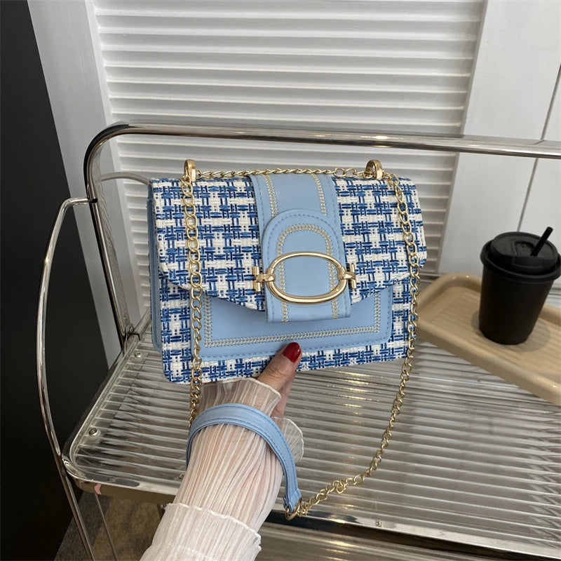 Bolso de hombro con cadena de metal a cuadros, con hebilla de candado para mujer, bandolera cuadrada pequeña para mujer