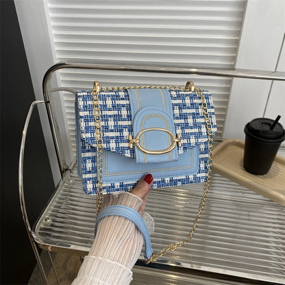 Bolso de hombro con cadena de metal a cuadros, con hebilla de candado para mujer, bandolera cuadrada pequeña para mujer