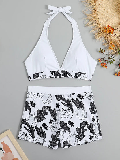 Conjunto de bikini estilo halter 2025, traje de baño corto de cintura alta para mujer, bañador estampado para mujer, traje de baño para playa