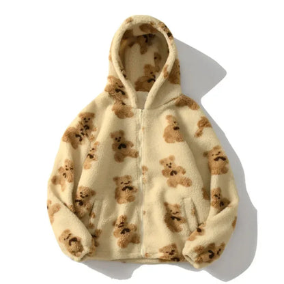 Chaqueta de felpa con estampado en forma de corazón Harajuku para mujer, abrigo coreano de manga larga con capucha, ropa de calle gruesa y cálida para parejas, invierno