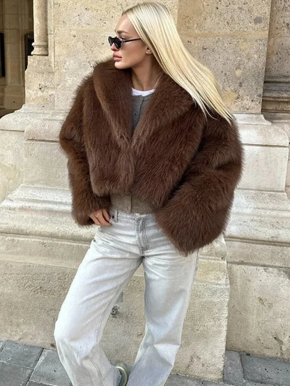 Chaqueta de piel sintética cálida retro para mujer, solapa gruesa, manga larga, botones ocultos, informal, elegante, para ir al trabajo, abrigo holgado, suave y esponjoso, para otoño e invierno, nuevo y elegante