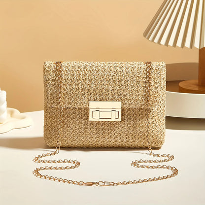 Bolso de hombro tejido a mano de paja para mujer, bolso cruzado de color sólido de moda con cierre de cerradura