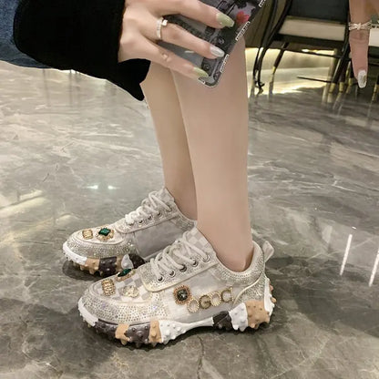 lujosas zapatillas de diamantes de imitación para mujer, zapatos de diseñador vulcanizados de malla, nuevos zapatos casuales de suela gruesa
