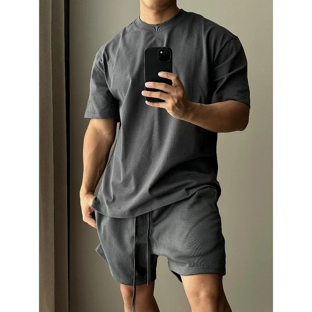 Conjunto de pantalones cortos de manga corta de algodón puro para hombre