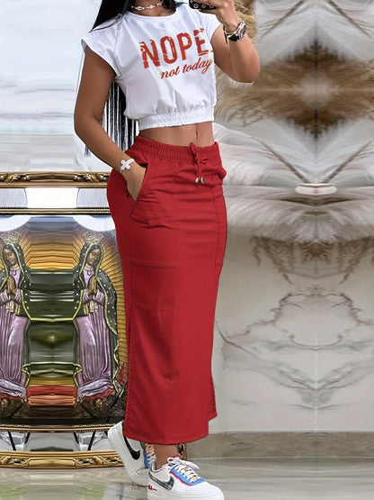 Conjunto de top corto con estampado de letras de verano y falda larga con dobladillo dividido para mujer, vestido de dos piezas con cordón y decoración de bolsillo