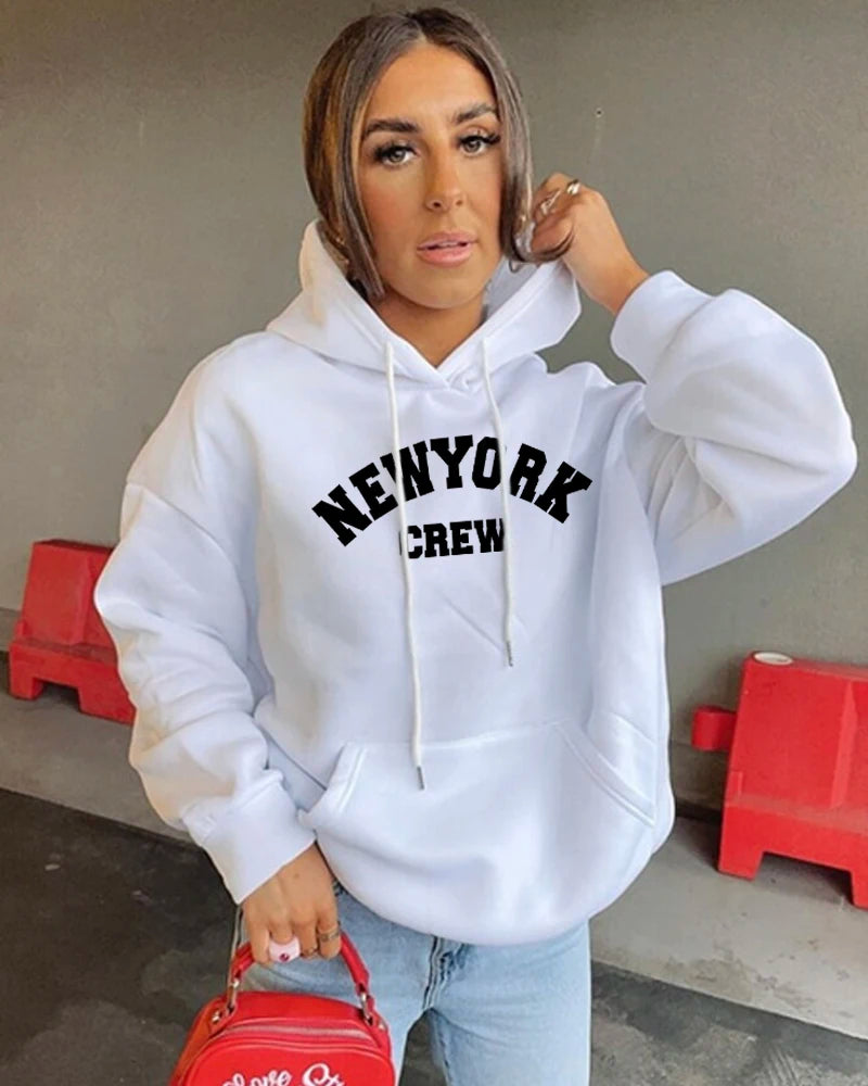 Sudadera con capucha con estampado de letras para mujer, sudadera de poliéster de manga larga de gran tamaño para mujer