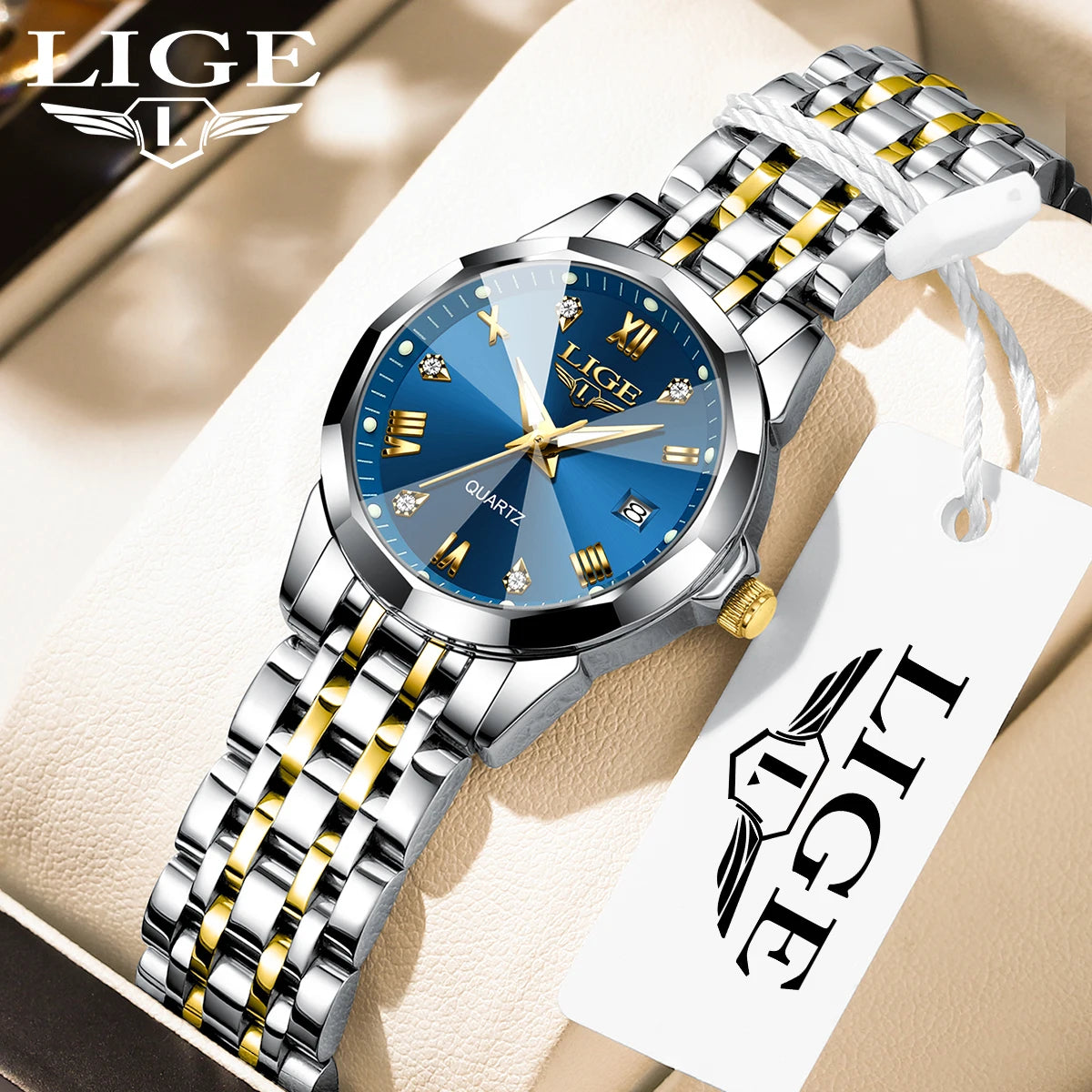 Reloj elegante de lujo para mujer, resistente al agua, luminoso, con fecha, de acero inoxidable, de cuarzo