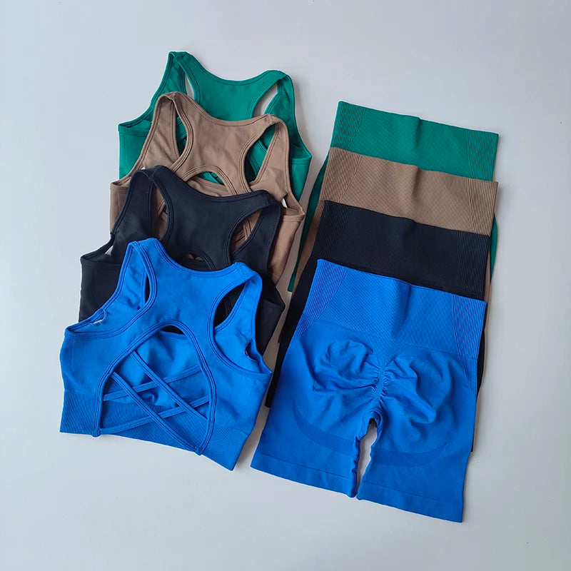 Women's 2 piece seamless yoga set sexy sports bra + high waist sports shorts gym clothing fitness sleeveless shorts 