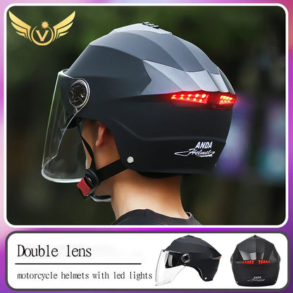 Casques de moto avec lumières LED, casque de cyclomoteur électrique pour hommes et femmes avec double visière, éclairage de vélo rechargeable, vélo