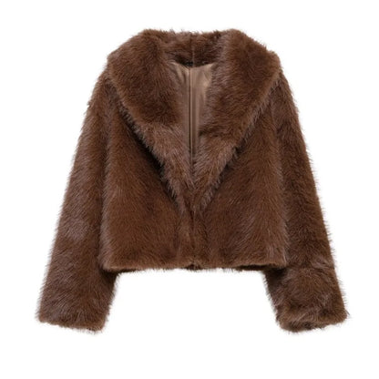 Chaqueta de piel sintética cálida retro para mujer, solapa gruesa, manga larga, botones ocultos, informal, elegante, para ir al trabajo, abrigo holgado, suave y esponjoso, para otoño e invierno, nuevo y elegante