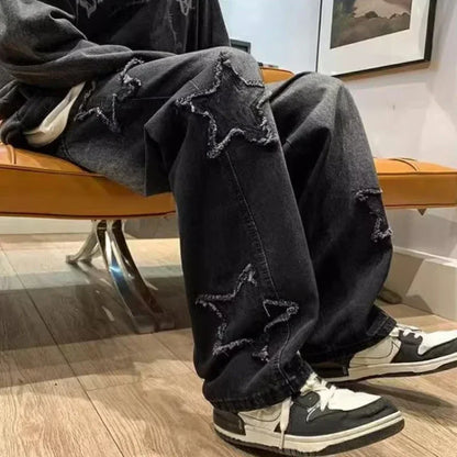 Jean ample pour homme avec broderie étoile, jean extensible à jambe large