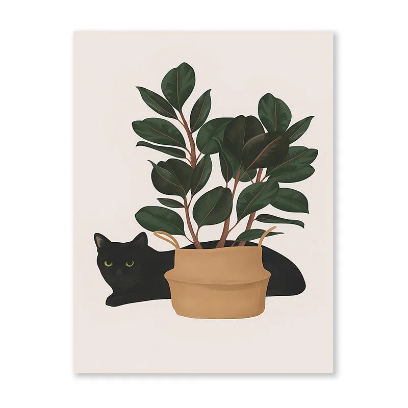 Impresiones artísticas de pared botánicas de gato negro, hojas verdes, plantas, póster bohemio, pinturas decorativas, decoración del hogar para dormitorio y sala de estar