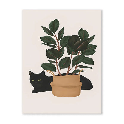 Impresiones artísticas de pared botánicas de gato negro, hojas verdes, plantas, póster bohemio, pinturas decorativas, decoración del hogar para dormitorio y sala de estar