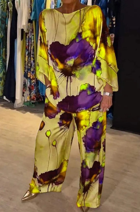 Women's Satin Printed Pants Set Casual Loose Round Neck Top Wide Leg Pants