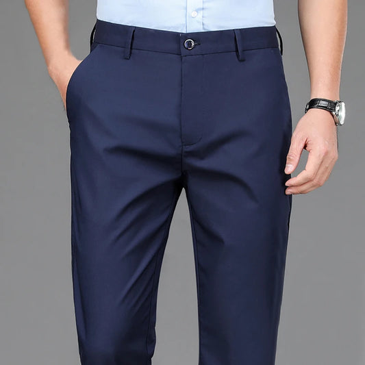 Pantalones casuales elegantes para hombre, elásticos, deportivos, de secado rápido, para primavera y otoño, rectos, de oficina, negros y azul marino.