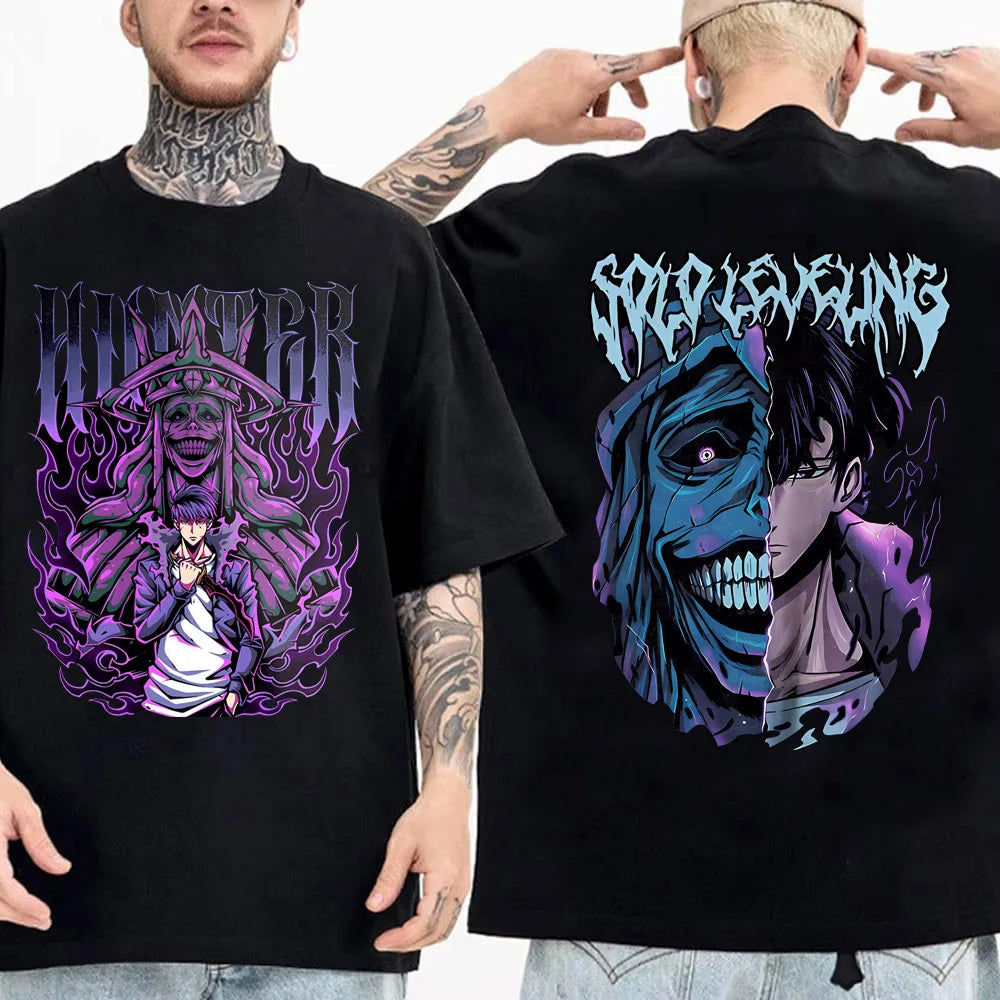 Camiseta de anime japonés Solo Leveling para hombre, camisetas gráficas de dibujos animados de Sung Jinwoo, camiseta Harajuku de manga corta de algodón de alta calidad