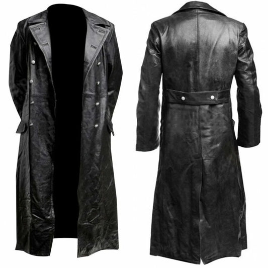 Abrigo de gabardina de cuero negro de oficial de uniforme militar clásico