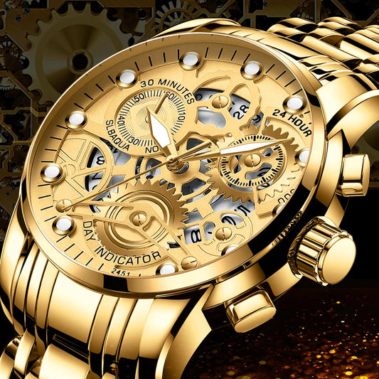 Reloj de negocios para hombre, diseño de esqueleto, estilo mecánico de moda, acero inoxidable, movimiento de cuarzo, calendario, reloj de pulsera impermeable para hombre.