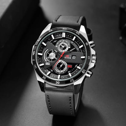 Reloj deportivo para hombre, de cuero, estilo de carreras, informal, de moda, original, negro, oro rosa, calendario, reloj de cuarzo.