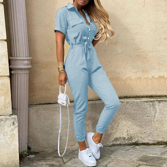Women's monochrome belt overalls, casual pants, stand-up collar, buckle, European and American style, summer,