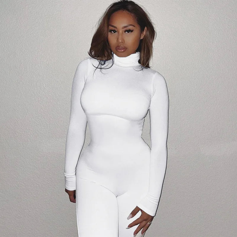 Winter Warm Women Jumpsuit Autumn New Fashion Turtleneck Long Sleeve High Waist Pants Elegant Office Lady Bodycon Romper