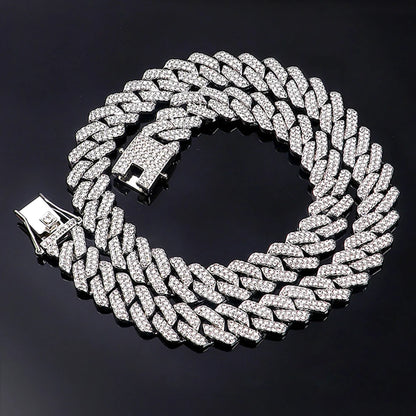 Collar de cadena de eslabones cubanos de 15 mm con diamantes de imitación brillantes de estilo para hombre y mujer, joyería punk de color plateado con cadena cubana, regalo