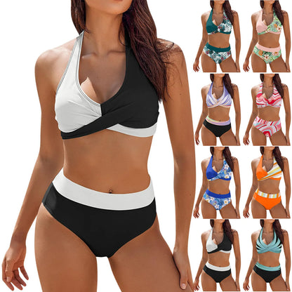 Bikini de playa con estampado floral y bloques de color para mujer, traje de baño de cintura alta de dos piezas para adolescentes
