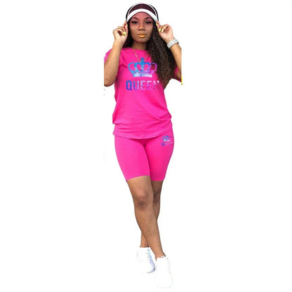 Conjunto deportivo de dos piezas con estampado Queen de colores para mujer, camiseta y pantalones cortos, estilo casual, para correr, de lujo, para viajes de verano.