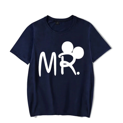 Camiseta de manga corta con estampado de ratón y dibujos animados de Mr. Mrs para parejas, camiseta de verano con estampado de letras, camiseta informal holgada para amantes, camiseta unisex