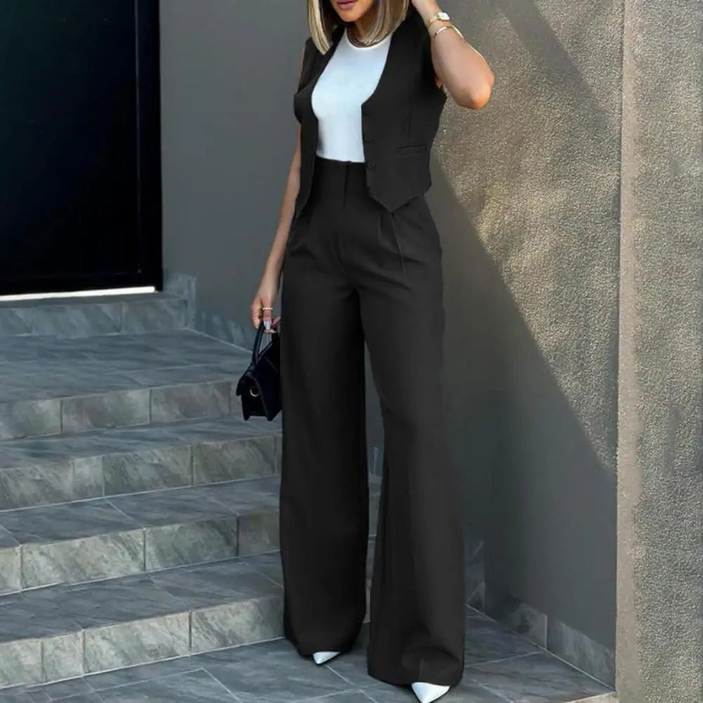 Elegant women's loose pants set with sleeveless vest, high waist wide leg pants for women in fashionable solid color