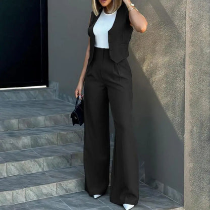 Elegant women's loose pants set with sleeveless vest, high waist wide leg pants for women in fashionable solid color